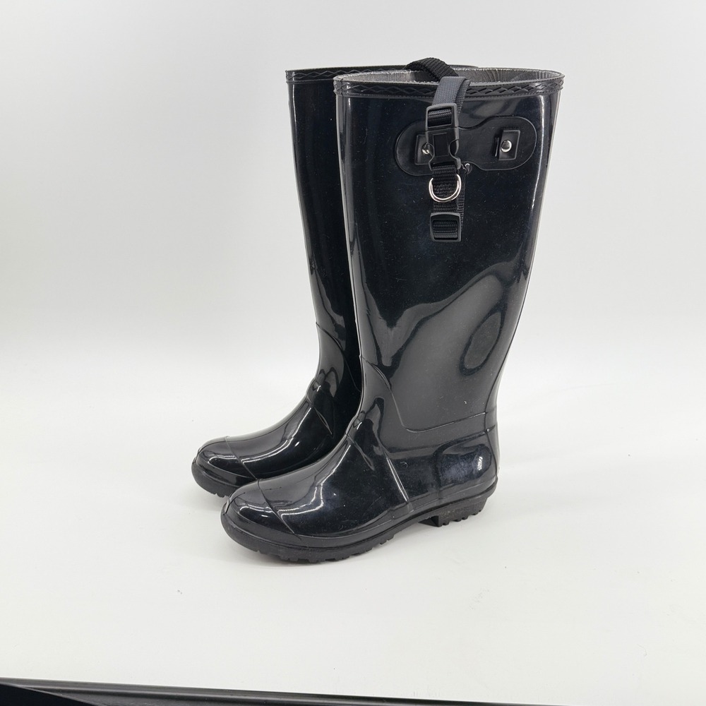 Itasca Womens Black Glossy Waterproof Rubber Rain Boots Size 9 Tall Utility